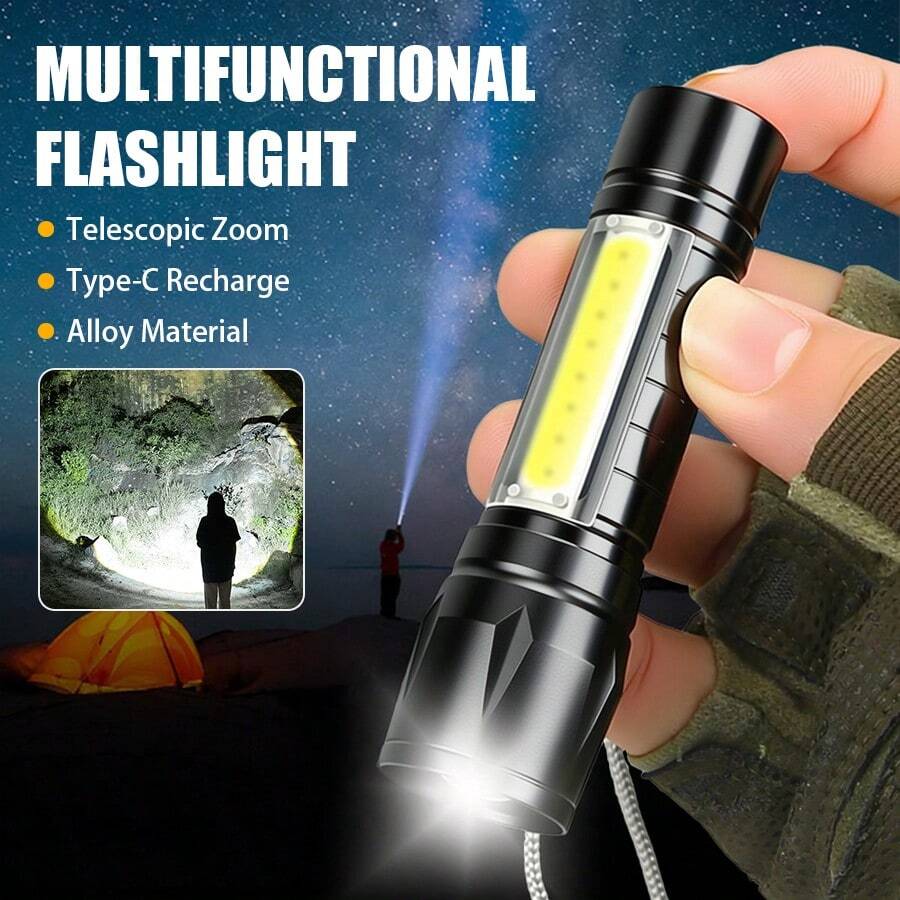 1 Stück tragbare, USB aufladbare Taschenlampe mit COB+XPE Zoom, 3 Beleuchtungsmodi, geeignet für Outdoor-Camping, Angeln, Notfälle - mehrfarbig - Übersicht 1