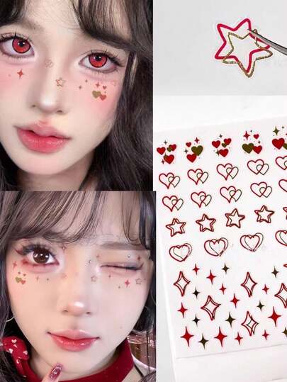 2片装多巴胺爱心脸贴，演唱会妆容眼角面部装饰，儿童舞台表演，音乐节应援妆容爱心星爆脸贴，自粘式，适合女孩和女士美甲装饰