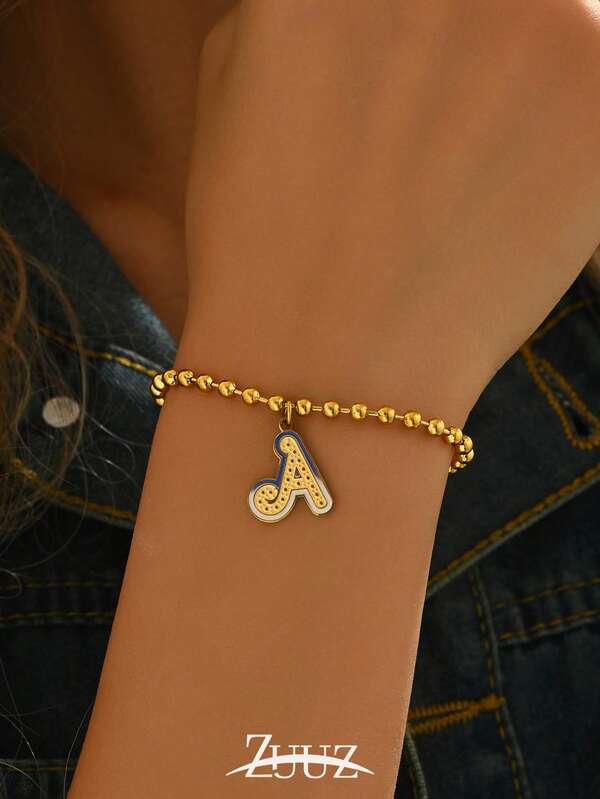 1pc Fashionable Stainless Steel 26 A-Z Letter Charm Bracelet, Colorful Letter Pendant Bracelet, Alphabet Design Jewelry, Birthday & Valentine's Day Gift, Suitable For Daily Wear