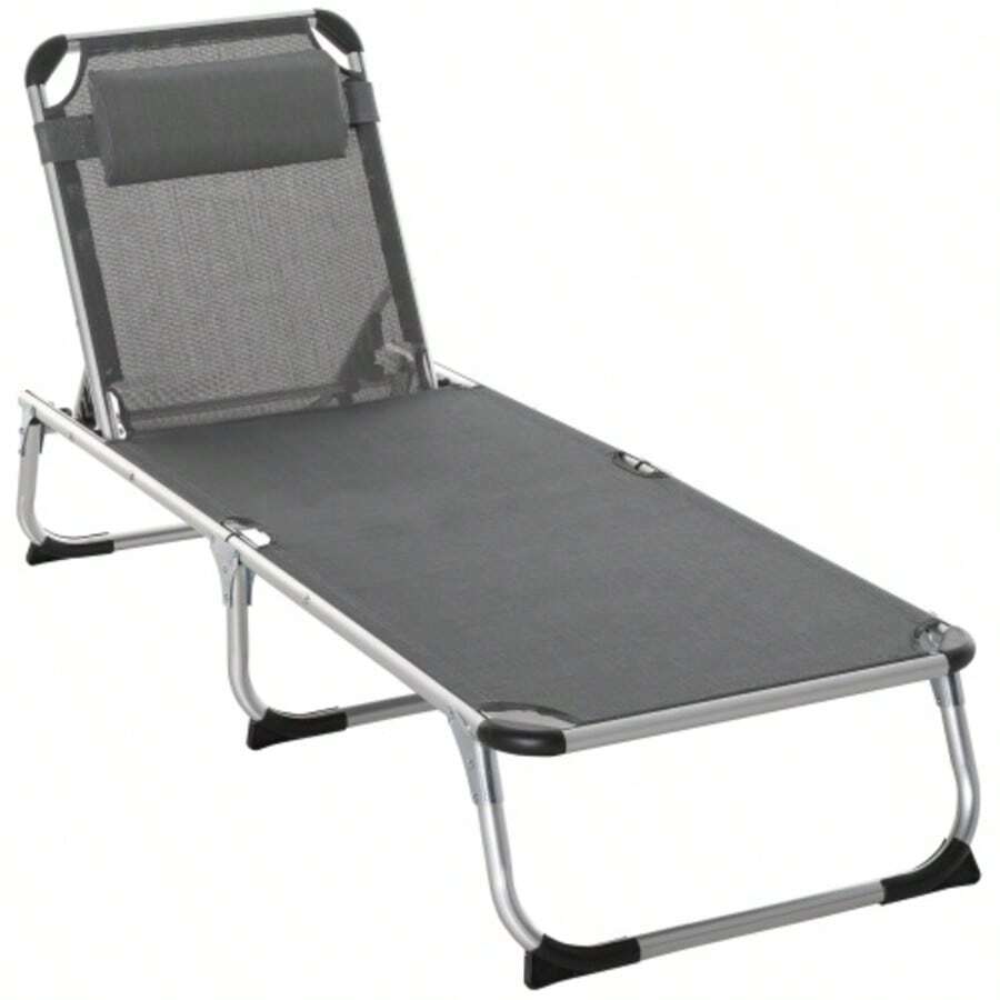 Garden Chaise Lounge, Made Of Aluminium And Fabric, Adjustable To 5 Positions, Foldable, Ergonomic, Mesh, Grey, 170 X 60 X 76 Cm - Grey - View 1