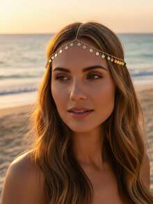imoli 1pc Simple Alloy Disk & Tassel Detail Chain Headband For Women, Party Gift, Bride To Be, Hair Accessories For Women - Gold - View 3