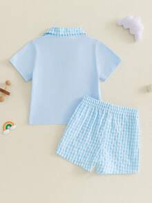Conjunto de Pascua para niño pequeño, camiseta de manga corta bordada con cremallera de un cuarto y pantalones cortos a cuadros con cintura elástica, conjunto de verano de 2 piezas - Azul - Ver 2