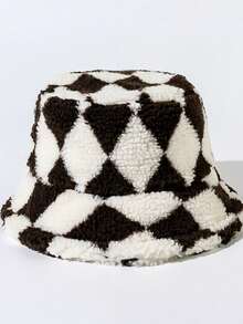 1pc Unisex Retro Diamond Pattern Faux Lamb Wool Bucket Hat, Warm Thick Bucket Hat Suitable For Casual, Commute, Party, Autumn/Winter - A - View 12