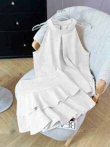 女士夏季无袖吊带背心和荷叶边迷你裙两件套 - 白色兩件套 - 查看 2