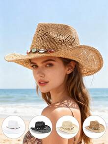 1顶男女通用木珠贝壳装饰西部牛仔帽，镂空印花草编遮阳帽，适合春夏旅行、海滩、休闲佩戴（帽檐可能因变形而在收到产品后需要手动调整） - D - 查看 15
