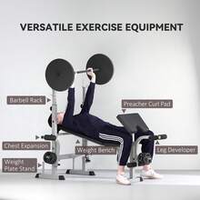 Adjustable Home Gym Bench & Squat Rack | Multiuse Strength Training Bench With Preacher Pad, Leg Developer & Barbell Holder, Grey - Default - View 6