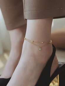 1pc Stainless Steel 18K Gold Plated Double Layer Zirconia Pendant Anklet, Fashionable & Delicate, Suitable For Daily Wear, Beach, Vacation - Gold - View 1