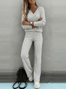 ChicMe 2pcs Women Cotton Ribbed V-Neck Long Sleeve Sweater + Elastic Waist Straight Pants, Daily Fashion Outfit - Light Grey - View 3