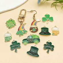 5件套DIY吊坠套装 | 幸运绿色珐琅吊坠，饰有三叶草和小妖精图案，锌合金材质，适用于圣帕特里克节珠宝制作 - 彩色 - 查看 5
