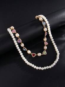 One Hip-Hop Style 3D Inlaid Heart-Shaped Rhinestone Round Geometric Faux Pearl Beaded Double-Layered Charm Jewelry Pant Chain. Rock Punk Design, Casual Retro, Suitable For Street Photography, Vacation Parties, Couples, And Fashionable Men's Metal Pant Chain Gift. - Pants Chain - View 8