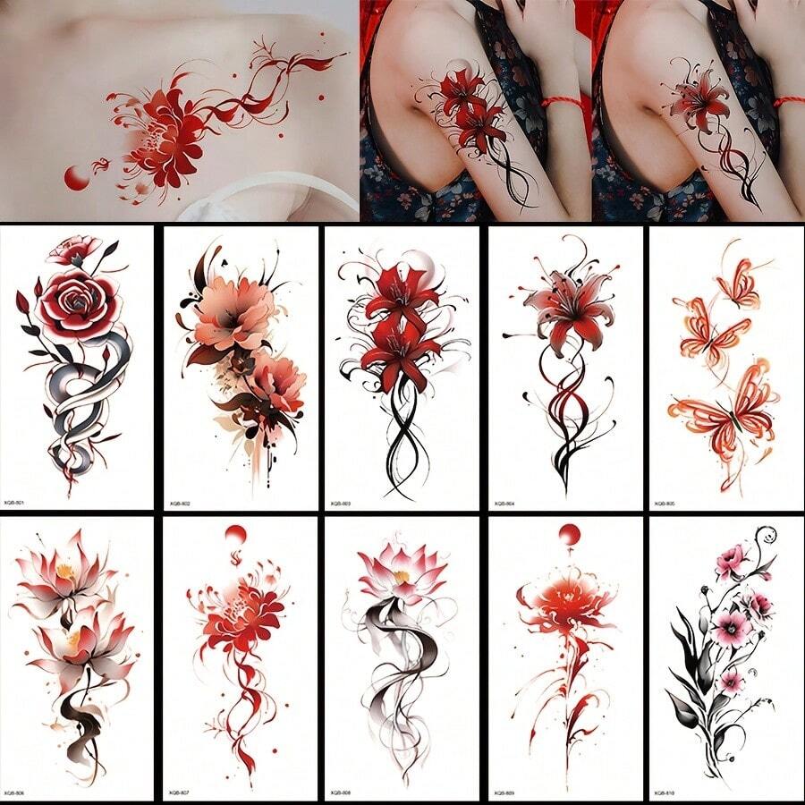 10 Sheets Fashion Temporary Tattoos Colored Flower Tattoos Stickers Waterproof Fake Tatto Art Body Stickers - 10 sheets - 查看 1