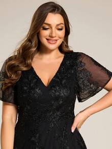 优雅刺绣短袖不对称下摆中长款正式礼服 婚礼宾客礼服 伴娘礼服 黑色 春季派对 - 黑色 - 查看 6