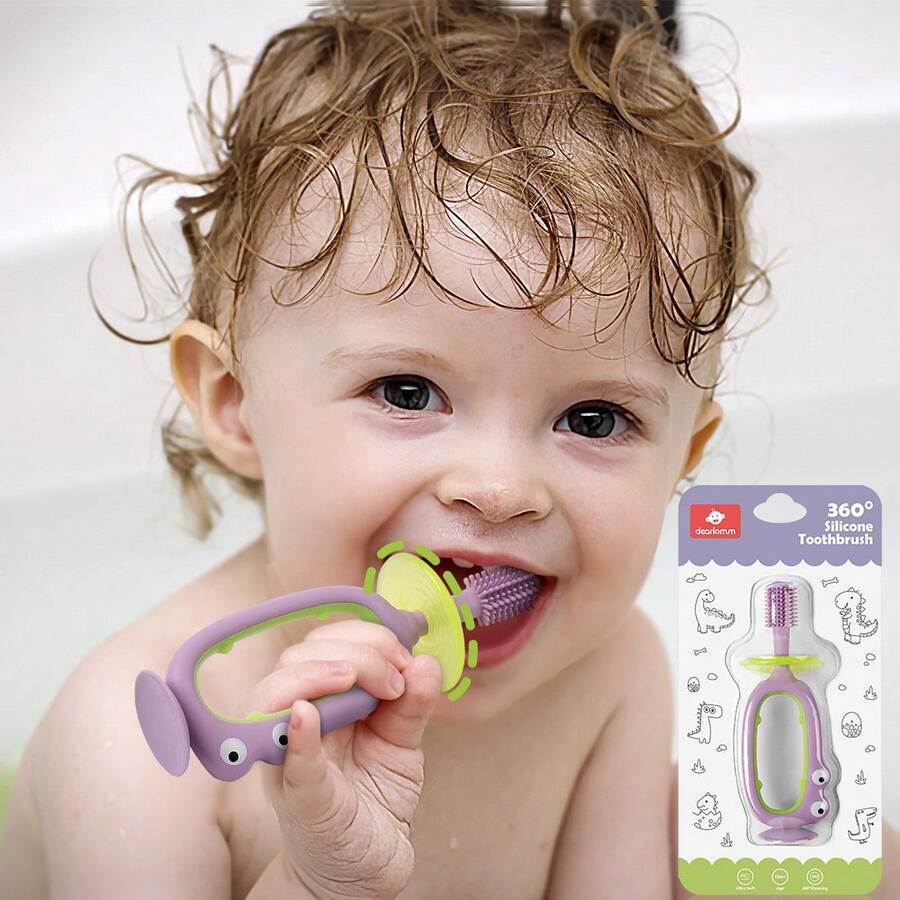 360° Baby Toothbrush With Suction Base,Toddler 12 Months Up,Infant Oral Cleaner, Baby Tongue Cleaner ,Adjustable Safety Shield - Màu Lilac Tím - Xem 1