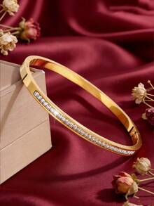 3/1pc - Luxurious And Stylish Combination Of A Stainless Steel Gold-Plated Bracelet And A Copper Wristband. It Is Not Easy To Fade And Comes In A Simple Combination Of Zirconia-Set, Floral, And Geometric Patterns. It Is A Sophisticated And Elegant Choice To Add A Finishing Touch To Your Outfit. - Gold - View 10