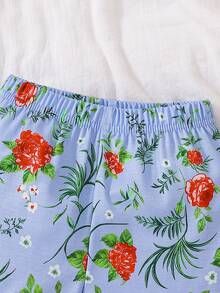 女婴夏季两件套，蓝色玫瑰印花吊带背心+配套荷叶边短裤，可爱清新 - 藍色 - 查看 7