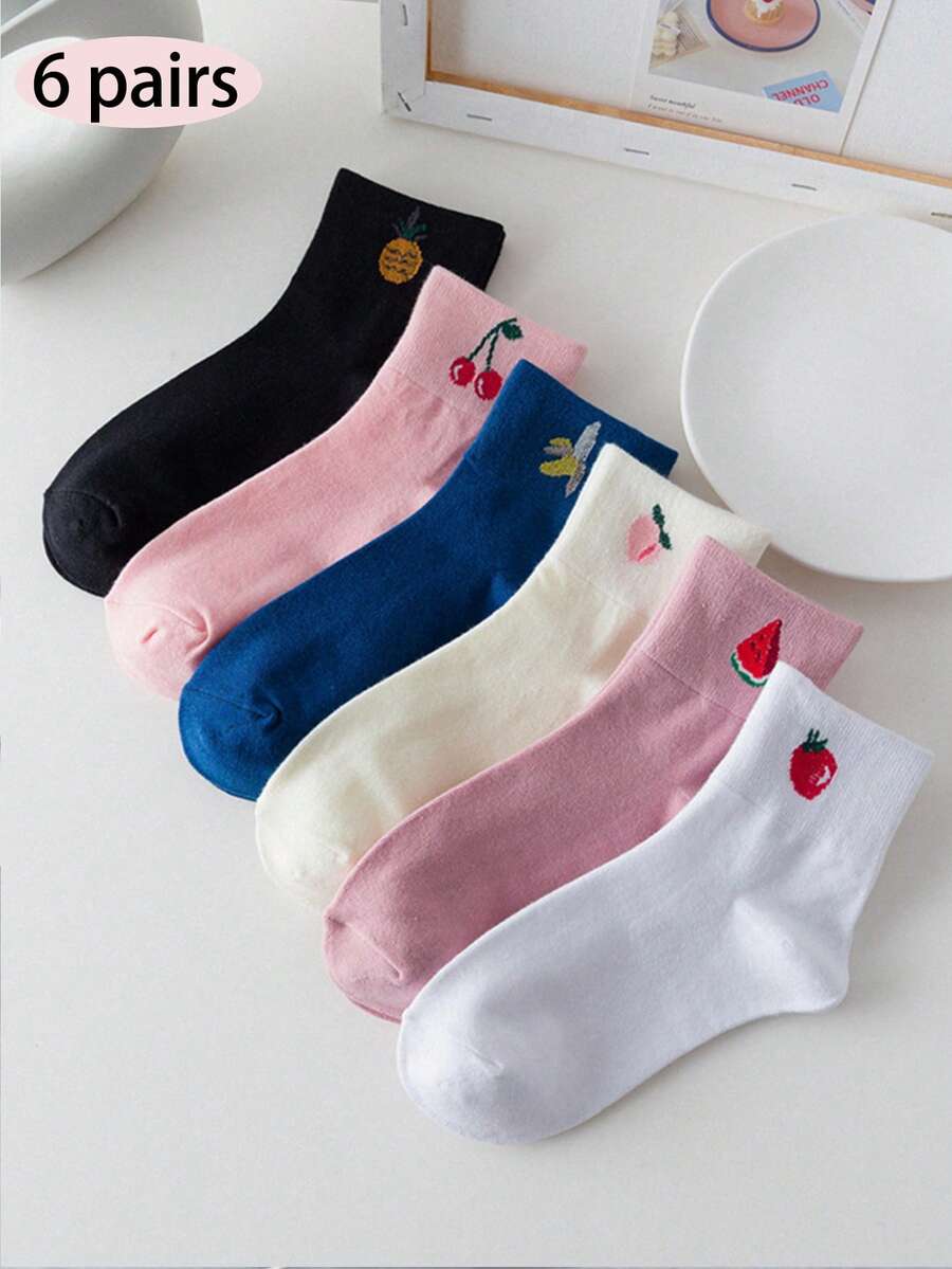 6双装女士卡通水果图案透气棉质短袜，适合春、夏、秋季穿着 - 彩色 - 查看 1