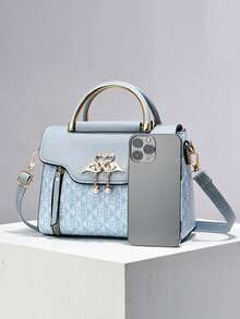 1 buah Tas Tangan Mini Persegi Warna Polos Wanita, Tas Selempang Modis dengan Pegangan Atas, Dompet Bahu Mini dengan Dekorasi Gesper - Dusty Blue - View 5