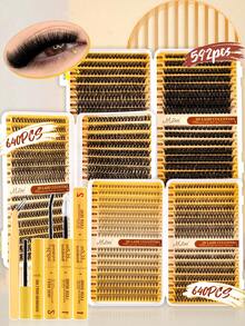 640/592/320pcs Eyelash Extension Kit, DIY Eyelash Extension Set (8-16mm), Individual Cluster Lashes D Curl Eyelash Extension Kit With Glue, Sealer And Lash Applicator, Suitable For Daily Use, Parties, Travel Or Gift For Family And Friends - 黑色 - 查看 4