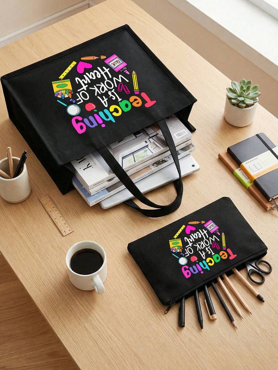 Bộ 1 túi tote vải lanh in chữ cái sáng tạo dành cho giáo viên, kèm ví đựng tiền xu bằng vải lanh đen, túi mua sắm màu đen dung tích lớn, quà tặng tri ân giáo viên, túi xách tay vải lanh dung tích lớn dành cho nữ. Túi tote đa năng, túi đựng mỹ phẩm có khóa kéo bằng polyester, thích hợp làm quà tặng ngày lễ, đồ dùng cần thiết khi đi du lịch. - Nhiều màu - Xem 1