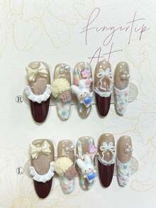 10片装酒红色法式甜美可爱中号椭圆形手工按压式美甲猫眼闪光卡通蛋糕兔子蝴蝶结可卸美甲艺术假指甲美甲用品（1张果冻贴纸+1个指甲锉） - 彩色 - 查看 4