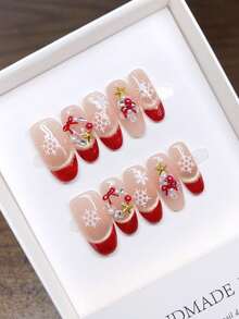 Handmade Wearable Nails; Medium Oval Nail Shape Hand-Painted Red Cat Eye French Nails; High-Quality Simple Design Nails, Full-Cover Fake YK Nails, Unique And Niche Creative Fake Nails, Daily Nails, Cute Modern Style Nails, Daily Use, Autumn And Winter Nails, Detachable Wear And Reusable, Suitable For Parties Banquets. - Multicolor - View 5