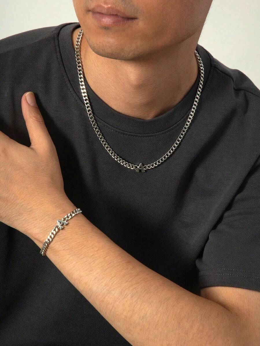 1 Set Men's Fashion Minimalist Metal Letter Thick Chain Bracelet And Necklace, Suitable For Men's Daily Wear, Parties, Birthdays, Dates - Silver - View 1
