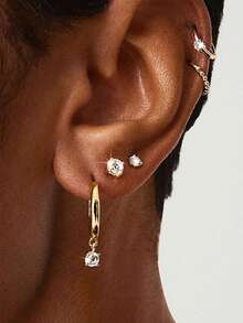 6pcs Fashionable Copper Zirconia Gold Tone Earrings Set, Mixed Design Earrings Studs Hoops Pendants, Versatile Gift For Women, Birthday, Vacation, Party, Daily Wear, New Year, Valentine's Day - Gold - View 7