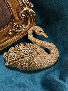 Vintage Distressed Copper Plated 18K Gold Holiday Women's Accessory, Colorful Feather Swan Rhinestone Glass Brooch Pin, Scarf Clip - Bronze - View 3