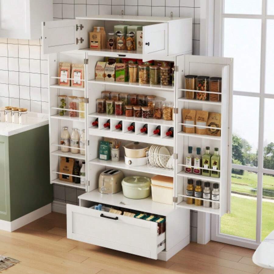 80*40*180cm Large, Free Küchenaufbewahrungsschrank Mit Verstellbaren Einlegeböden, Schubladen, Weinregal Und Türen Mit Einlegeböden.Geeignet Für Esszimmer Und Wohnbereiche.Industrieller Stil - White - View 1