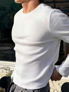 Men's Sweater, Long Sleeve, Ribbed Cotton, ESSENTIAL, Round Neck - White - View 2