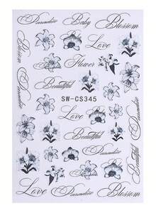 2片装3D立体花朵字母美甲贴纸，黑色渐变芙蓉花瓣，哥特浪漫英文字母花卉图案，Y2K美学，自粘凝胶美甲贴花，春夏款 - 彩色 - 查看 3