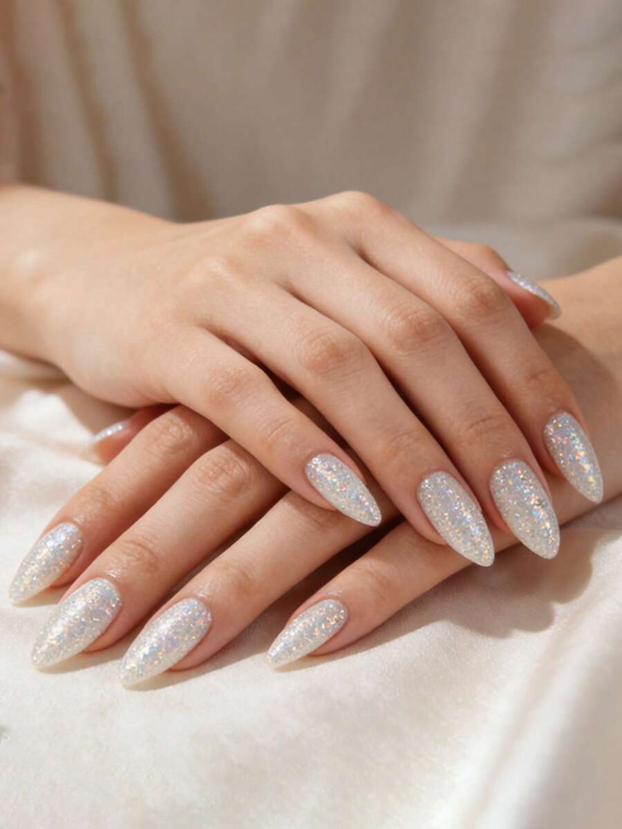 30pcs Press On Nails Short Almond French Nails Y2k White Nails Glitter Pattern Simple Reusable Press On Acrylic Nails Fake Nails Supplies Free Of 24 Pieces Of Jelly Tabs And A Mini File - White - View 1