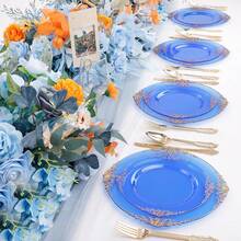 102PCS Blue Plastic Plates - Royal Gold Disposable Plates - Clear Blue Party Plate - Heavyweight Disposable Plate With Gold Rim - Fancy Dinner & Dessert Plates For 51 Guests Party Wedding - 藍色 - 查看 6