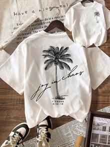 Women Casual Palm Tree Pattern Round Neck Short Sleeve Summer Beach T-Shirt - White - View 1