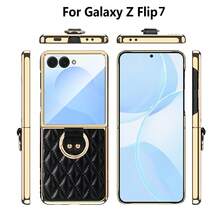 ALuoQ Fashion Quilted Leather (Non-Animal) Electroplated Ring Holder Phone Case, With Camera Protection, Compatible With Samsung Z Flip 3 4 5 6 7 Foldable Screen Protective Case - Blue - View 4