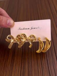 [1-8 Pairs] Sweet Girl Earring Set, Includes Bowknot, Flower, Metal Hoop Styles, Suitable For All Skin Tones, Women Can Directly Purchase - Gold - View 8