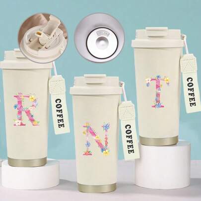 Coffee Mug Car Insulated Cup With Straws Large-Capacity Water Mug Travel Office Sports Water Bottle Insulated Tea Coffee Cup Portable Camping Accessories Gift For Woman Girl Back To School Essential Initial Name 26 Letters Pattern
