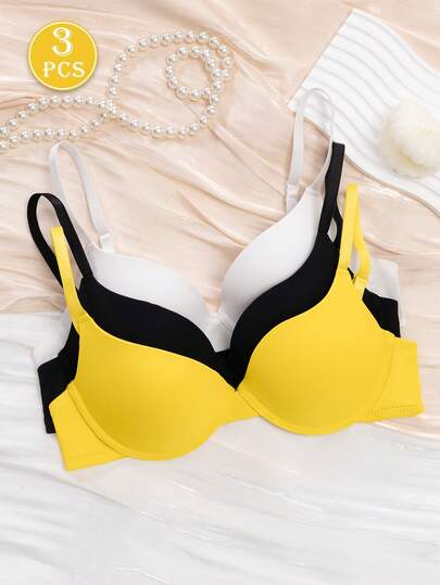 MLeyhoice 3pcs Women's Minimalist Solid Color Underwire Bra, Suitable For Daily Wear (Recommend Choosing One Size Smaller)