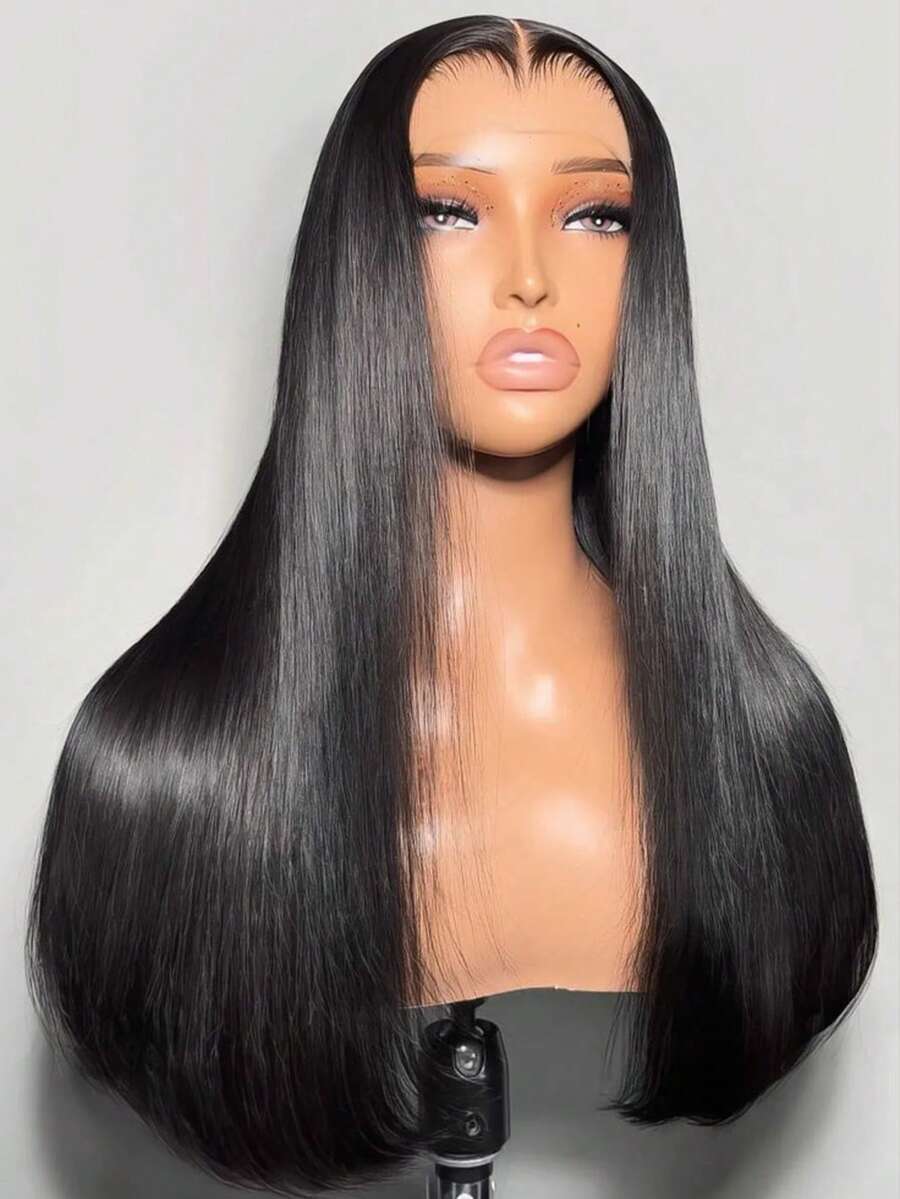 珠潮 26 英寸 180% 密度自然混色直发假发，13x4 蕾丝前假发，带婴儿发，耐热透气合成纤维，自然发际线可分缝，适合派对和日常佩戴 - 1B# - 查看 1