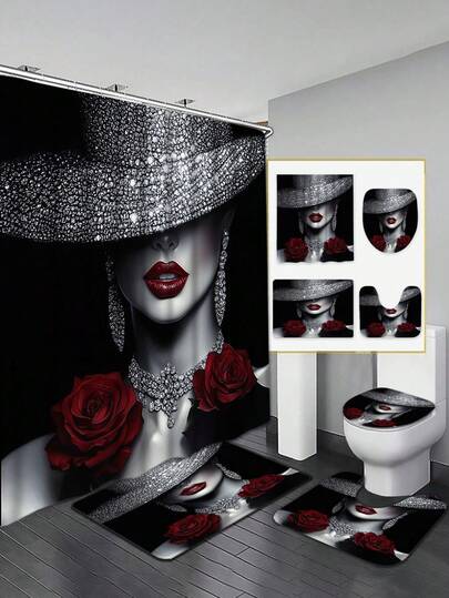 Luxury Red Rose Shower Curtain Set - Elegant Black And White Artistic Style Paired With Vibrant Red Roses, Includes Shower Curtain, Bath Mat, Toilet Lid Cover And Non-Slip Bathroom Mat, Adding Romantic And Sophisticated Charm To The Bathroom