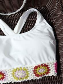 Women's Fashionable Solid & Floral Print Knit Camisole Bikini Sexy & Elegant Swimwear Set, Spring/Summer Beach - White - View 4