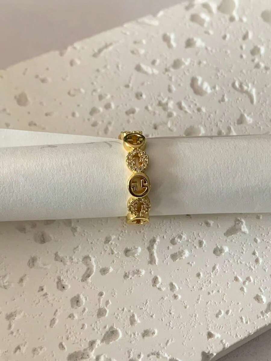 1pc Stainless Steel French Elegant Zirconia Circle Open Ring, Minimalist Niche Luxury Versatile Elegant Open Band Ring, New Arrival - Yellow Gold - View 1