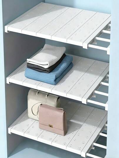 可调节置物架 - 可扩展储物架，免钻孔悬浮式置物架，家居收纳配件，适用于衣柜、浴室和厨房 - 无需钻孔，安装简便，包含粘垫 - 多功能隔断系统