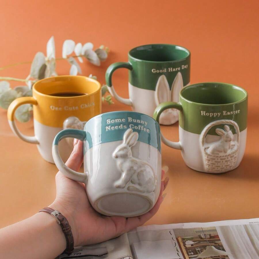 1 pieza Taza de cerámica con relieve de conejo lindo de 350ml (11.84oz), taza de leche con tema animal, adecuada para restaurante, hogar, fiesta, regalo de Año Nuevo, Navidad, Pascua - Multicolor - Ver 1