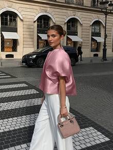 2026春夏时尚优雅性感法式复古休闲街头商务缎面白色衬衫，女士上衣，女士优雅上衣，女士秋季服装，女士秋季套装，女士派对套装，女士派对上衣，女士街头风，女士正装上衣，女士时尚上衣，女士休闲上衣，女士度假套装，女士春季服装粉色 - 粉色 - 查看 2