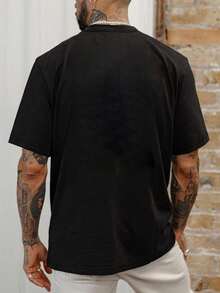 Men's Letter Print Crew Neck Short Sleeve Casual T-Shirt, Summer - Black - View 2