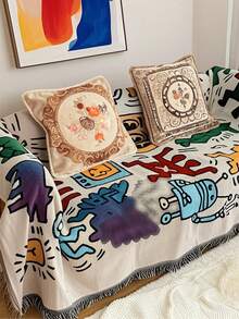 Bohemian Style Keith Haring Graffiti Blanket, Soft Cotton Woven Blanket With Tassels, Modern Art Decorative Blanket For Living Room & Bedroom - A - View 7