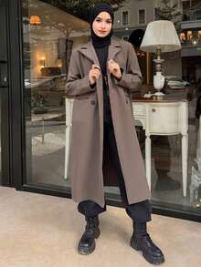 Livesso Double Breasted Lapel Neck Longline Coat,Fall Clothes Women Jacket - Chocolate Brown - View 6