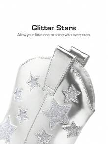 Girls Cowgirl Boots Mid Calf Glitter Cowboy Western Boots Toddler Girls Star Riding Shoes - 銀色 - 查看 11