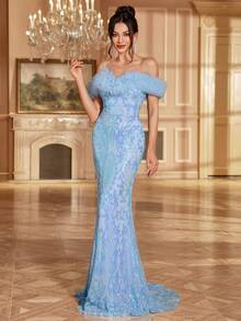 优雅露肩美人鱼亮片礼服，露背系带设计，奢华修身拖尾裙，适合婚礼宾客、宴会等场合穿着。 - 淺藍色 - 查看 7